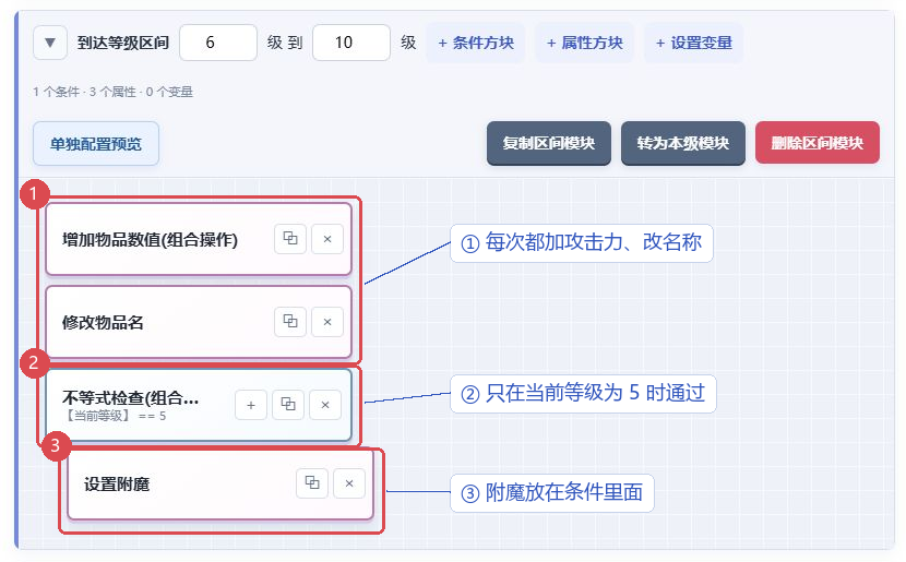 6–10 级模块：增加数值和修改名称在条件外，设置附魔放在强化前等级等于 5 的条件内